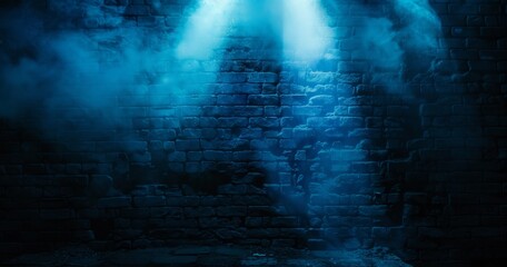 Dark background, brick wall with a spotlight in the center of the frame, foggy atmosphere, dark blue tones, mysterious and dramatic mood Generative AI