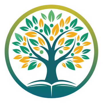 A tree with green leaves hosting a book in its branches, blending nature and literature, Create a clean and understated logo featuring a timeless font