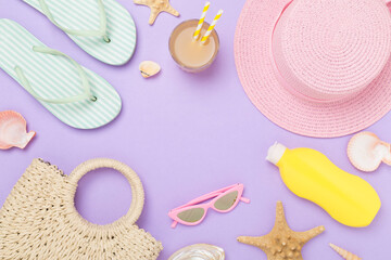 Flat lay with colorful beach accessories on color background. Vacation concept