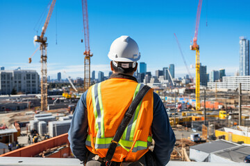 builder standing back, Construction Site, Construction enginee, house building construction, working as a architect, Back view, architect supervising construction - obrazy, fototapety, plakaty