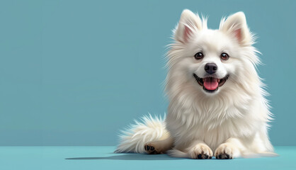 A noble stance, the spitz's fur ruffles in the gentle embrace of a blue world, copy space