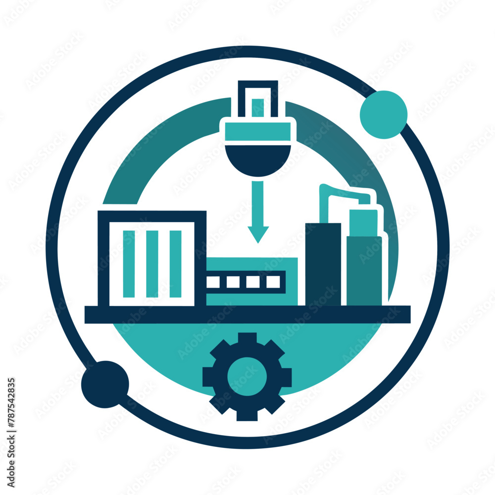 Poster circular factory logo in blue and green colors representing an assembly line process, circular desig