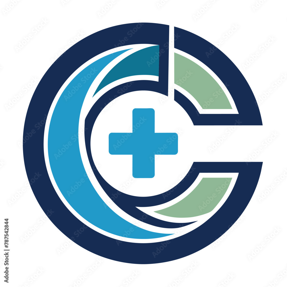 Poster A circular logo featuring a blue and green design with a cross symbol in the center, Circular Letter C Medical Logo Health Icon Vector Logo Design