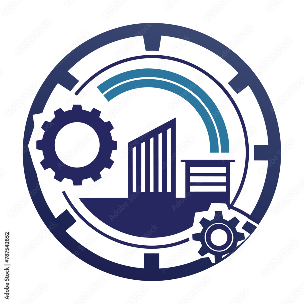 Poster Logo of a factory with a blue and white color scheme, depicting an assembly line process, Circular design featuring an assembly line process, minimalist simple modern vector logo design