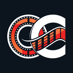 Fototapeta na wymiar Film logo design with intertwined cinema film strips and letter C, representing a film company brand, cinema film strips combine with letter C logo design