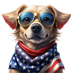 A dog with tan fur is depicted wearing round, blue-tinted sunglasses and a scarf with the American flag pattern