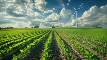 A large wind turbine towering over a field filled with neatly planted rows of corn representing the use of renewable sources in biofuel production. . - obrazy, fototapety, plakaty