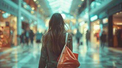 A woman walking down a mall with her handbag in the air, AI - Powered by Adobe
