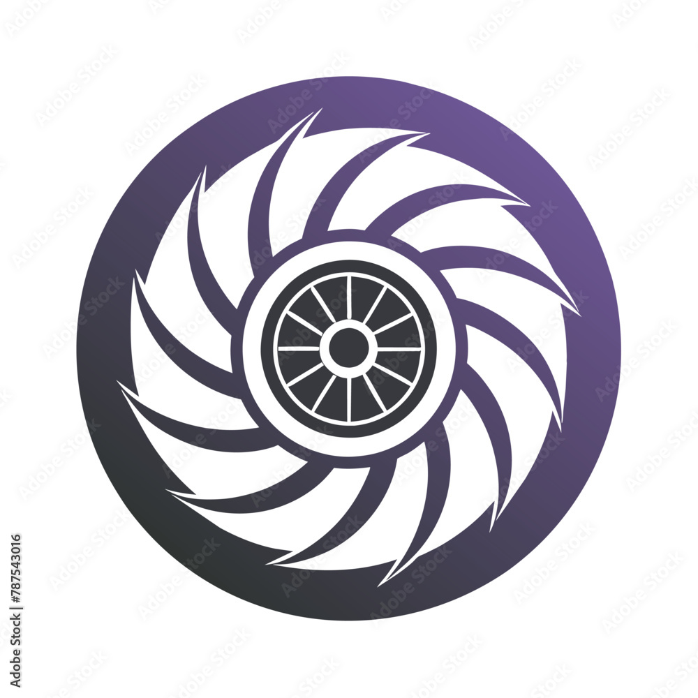 Poster turbine engine minimalist design in purple and white with a black and white pattern, clean lines sho