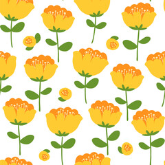Seamless pattern with abstract flowers. Bright petals bloom in summer floral print. Vector graphics.