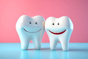 Two white teeth on pink blue background.