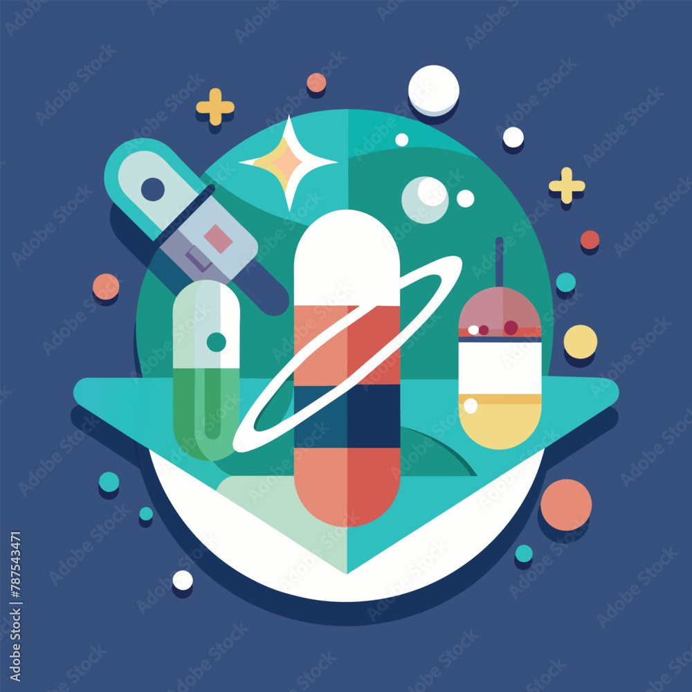 Poster an illustration showcasing a rocket taking off amidst various objects in a space-themed setting, cra