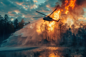 Extinguishing a forest fire in an emergency, a helicopter taking water from a lake drops water on the flames on the trees. Actions in the event of a disaster