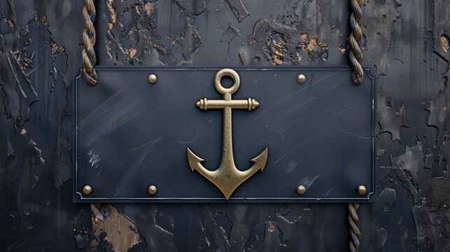 Blank mockup of a navy blue harbor master sign with a gold anchor detail .