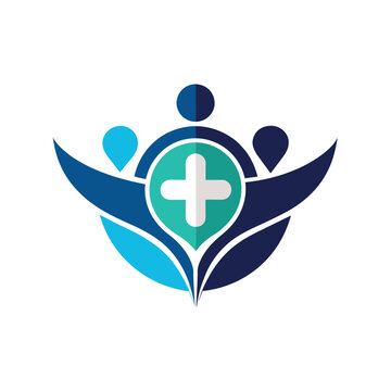 A group of people holding hands with a cross symbol on it, showing unity and faith, Craft a minimalist logo for a healthcare consulting agency that prioritizes patient-centered care