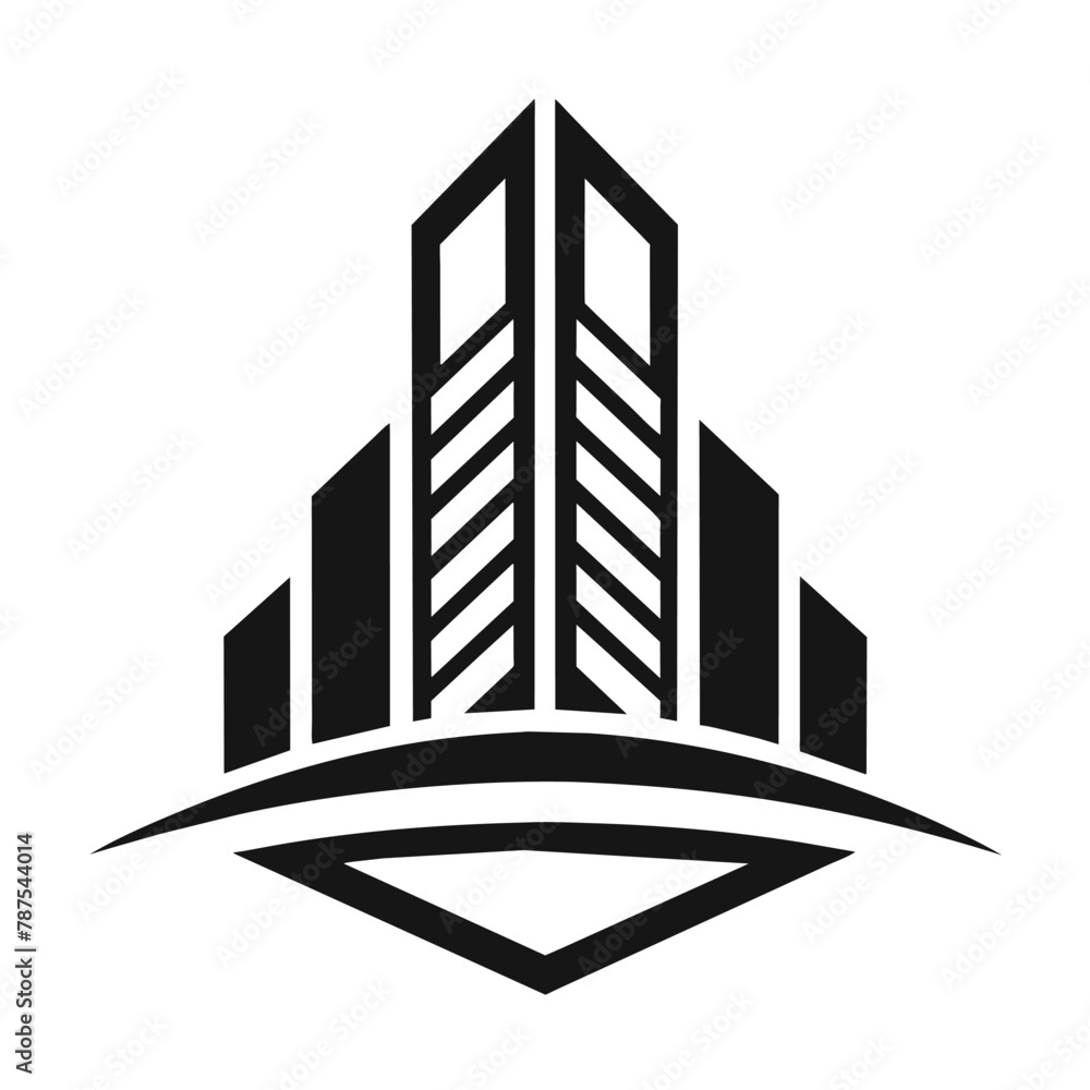 Poster a black and white logo featuring a stylized building design, create a design using only black and wh