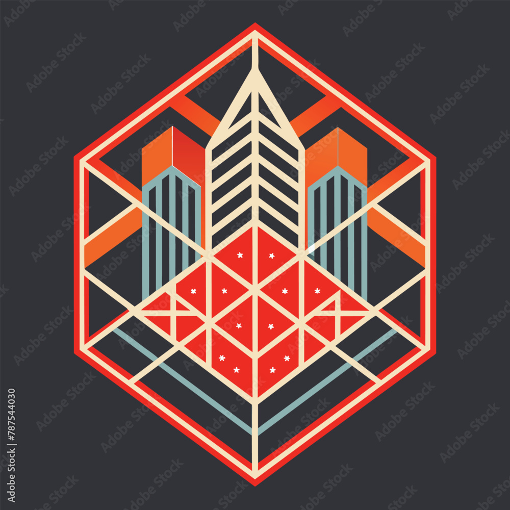 Poster geometric pattern in red and blue colors, inspired by urban grid design, create a geometric pattern 