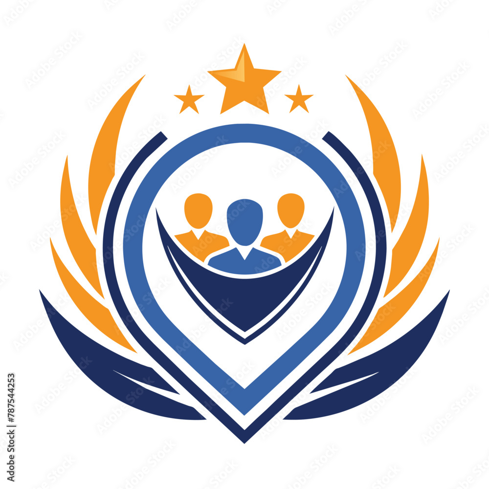 Poster a group of individuals standing together within a circular formation, create a minimalist emblem sym