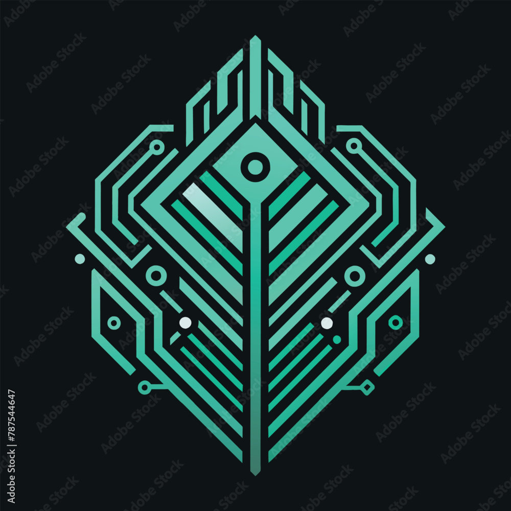 Poster green and black abstract design resembling a circuit board pattern, create a minimalist logo inspire