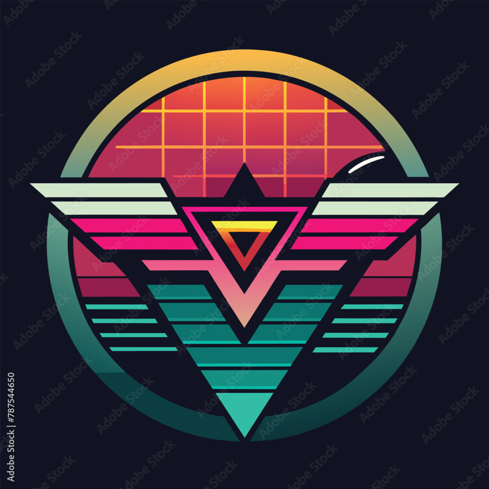 Poster a vibrant logo design incorporating a triangle shape with a sun in the background, create a minimali