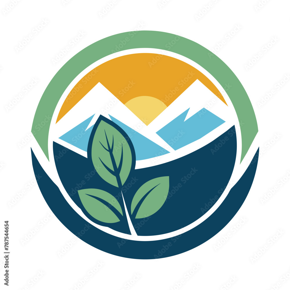 Poster a green leaf positioned in the center of a circular shape, create a minimalist logo inspired by the 