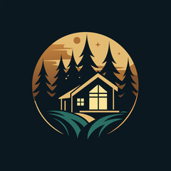 A house is situated in the middle of a dense forest, surrounded by trees and nature, Create a sleek and stylish logo for a boutique resort nestled in the forest