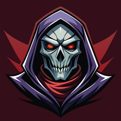 A skull wearing a hood, with glowing red eyes, Dark Grim Reaper with Mask and Hood, Vector Illustration