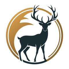 A deer with antlers standing surrounded by a circle of other deer, deer line logo