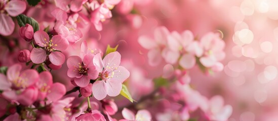 Fototapeta premium Background featuring a border of spring with blossoms in pink