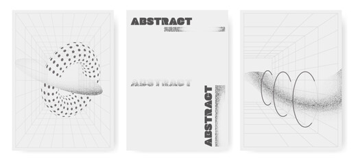 A set of minimalist posters in a trendy style. Abstract y2k elements with grain. Perspective grid, lines, donut.