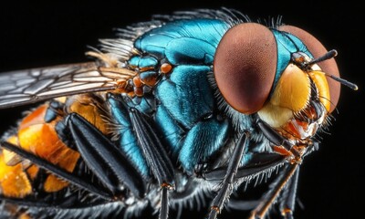 Closeup of an electric blue and orange arthropod on a black background - Powered by Adobe