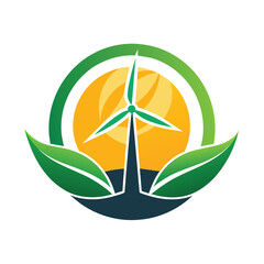 A green leaf alongside a wind turbine logo, symbolizing renewable energy and sustainability, Design a logo that reflects the idea of renewable energy in a sleek and modern way