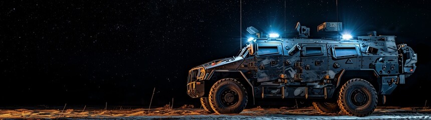 Armored Military Vehicle Illuminated Under the Night Sky, with Left-Side Copy Space for Text - This...