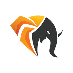 The head of an elephant with an orange and black tail, Design a sleek and modern logo incorporating an abstract elephant shape