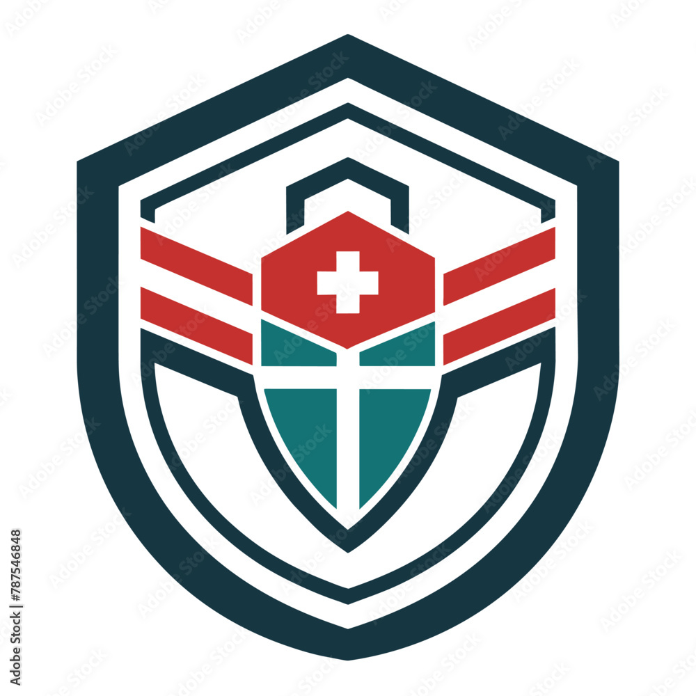 Poster shield with a prominent cross symbol in the center, designed as a minimalistic emblem for a complian