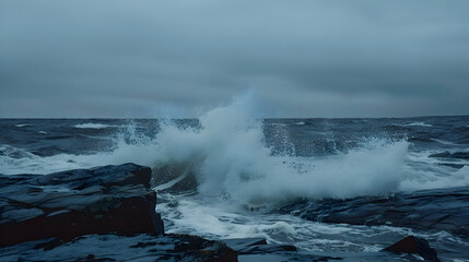 Waves crashing into a rocky coastline during a high tide, slow motion capture to detail the power and beauty of the splashing water