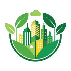 A cityscape filled with greenery from surrounding trees and leaves, Develop a minimalist icon that symbolizes sustainable urban development and green spaces