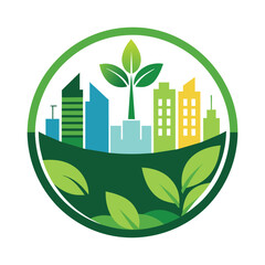 A cityscape filled with greenery, featuring a prominent leaf in the center, Develop a minimalist icon that symbolizes sustainable urban development and green spaces