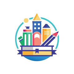 School Logo Featuring Pencils and Buildings, Develop a minimalist logo for a school supply retailer, minimalist simple modern vector logo design