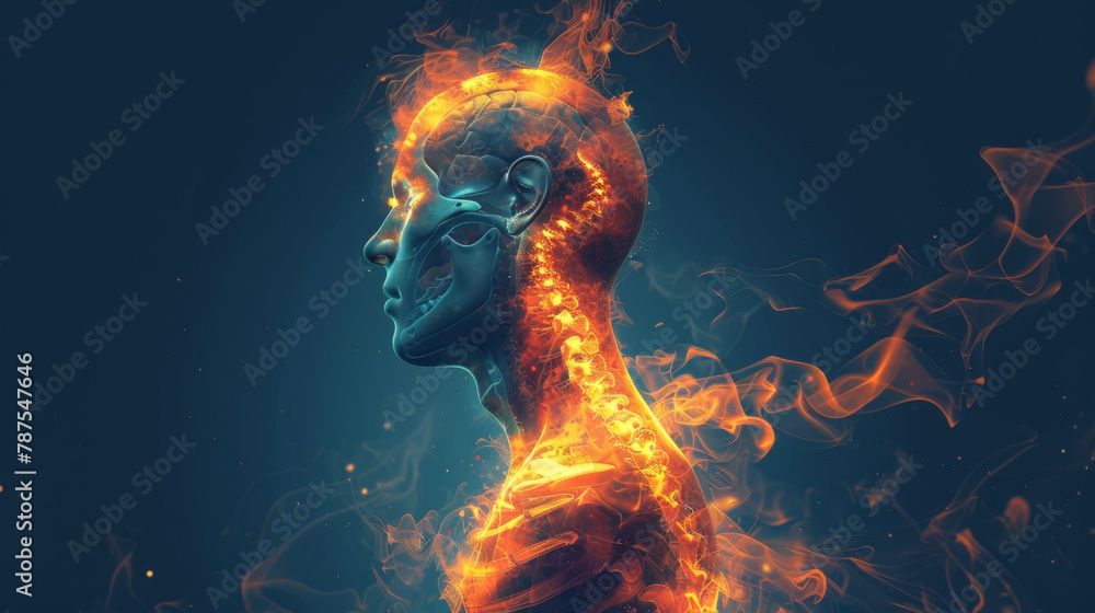 Poster a graphic representation of a human head profile with digital and fiery elements in a dark backdrop.