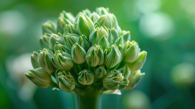 A close up of a flower bud with green leaves surrounding it, AI