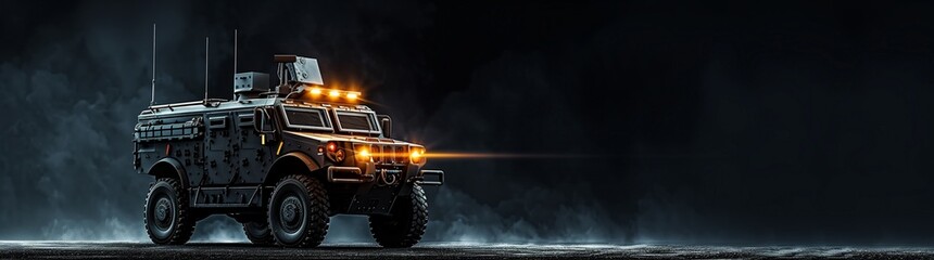 Military Reconnaissance Vehicle with Active Lighting on a Black Background, with Space for Text on the Left - Highlighting the critical role of reconnaissance in modern warfare, this image presents  - obrazy, fototapety, plakaty