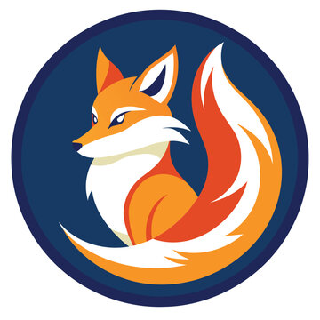 A red fox is sitting inside a blue circle, fox animal logo with simple circle design shape