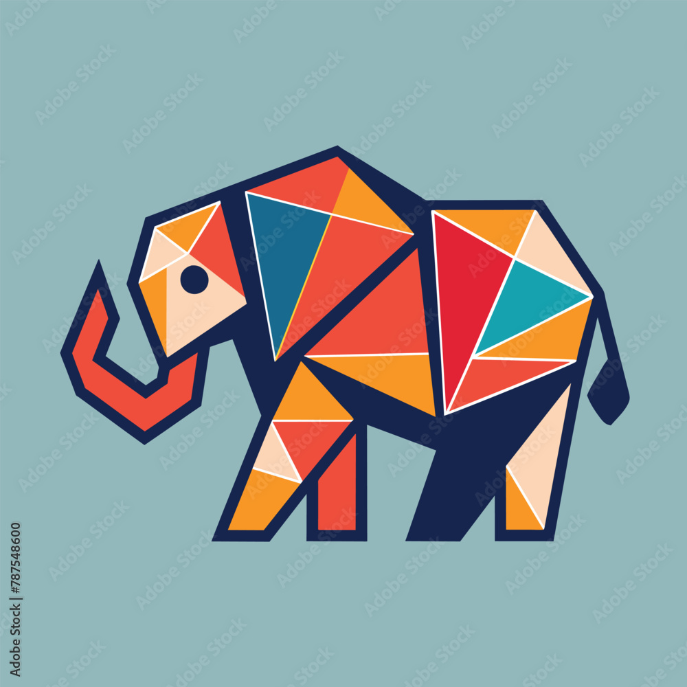 Poster elephant created with geometric shapes against a blue backdrop, generate a minimalistic logo using o