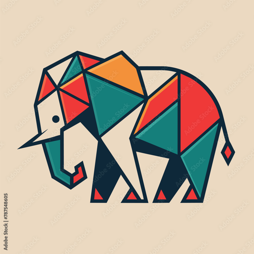 Poster elephant shape created with triangles on a plain beige backdrop, generate a minimalistic logo using 