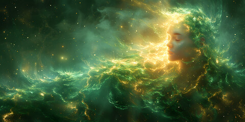 Serene Figure in Green: Bathing in Emerald Psychic Waves