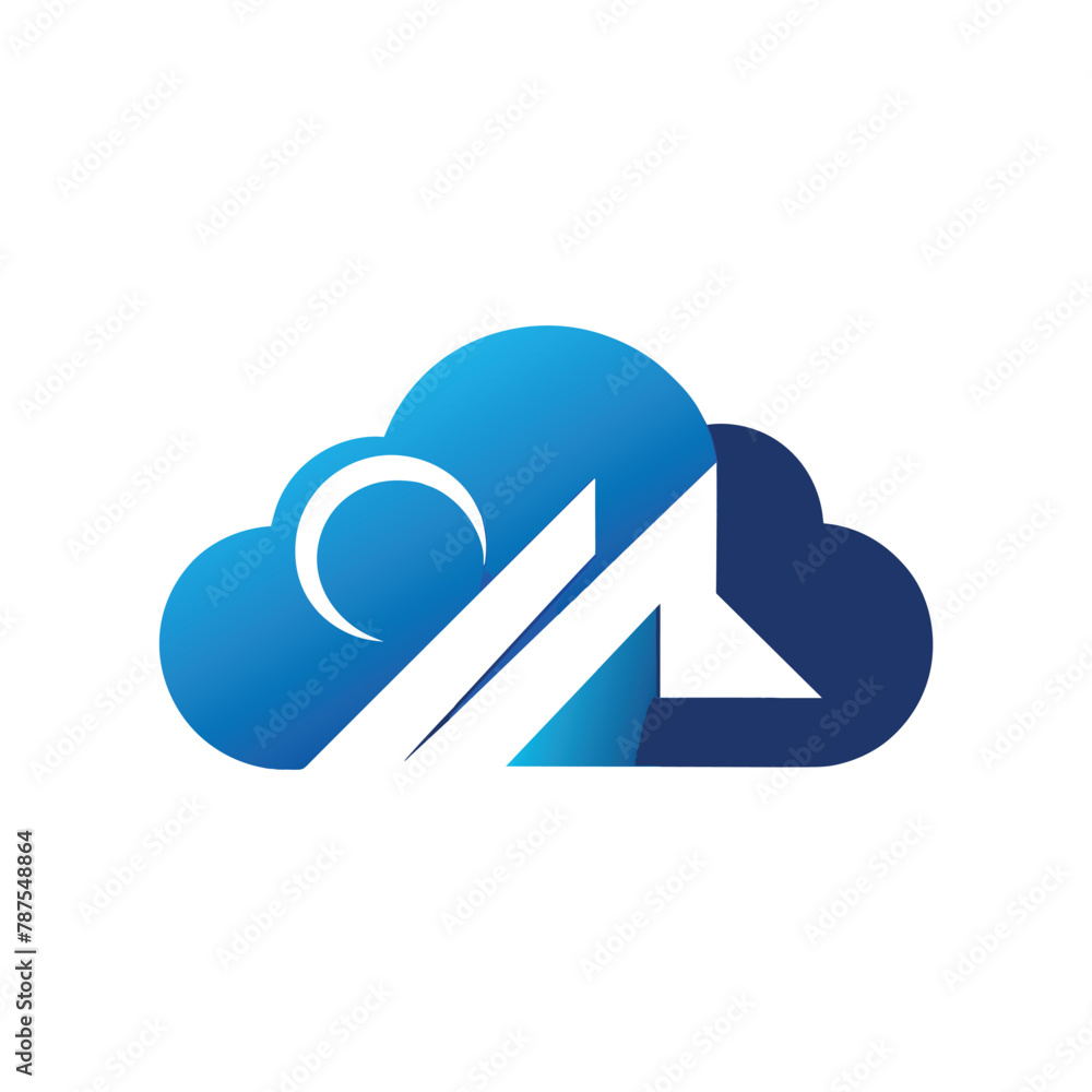 Poster a blue cloud with a white arrow on top of it, generate a sleek and simple logo for a cloud computing