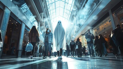 Woman in broad daylight seeing a cloaked white hooded floating demon in a shopping mall - obrazy, fototapety, plakaty