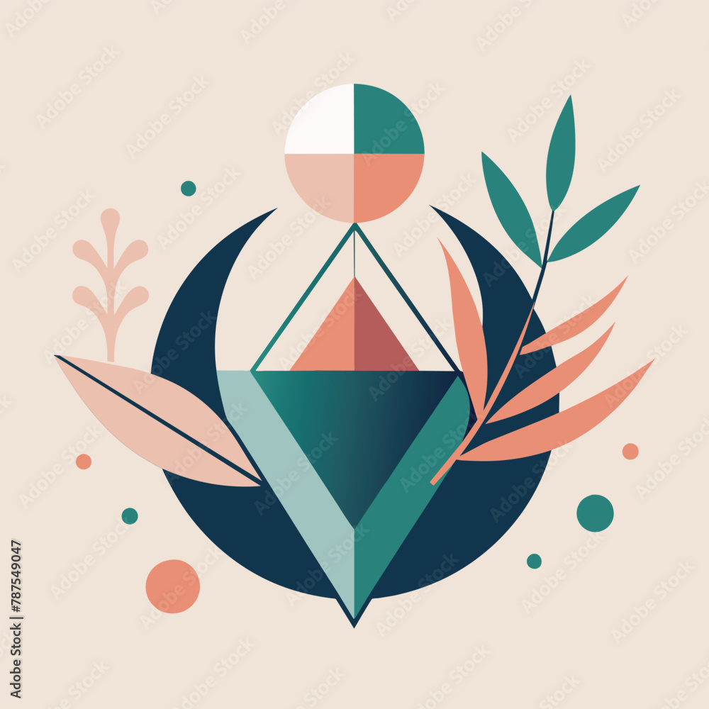 Poster geometric design featuring leaves and a ball, creating a harmonious visual composition, geometric sh