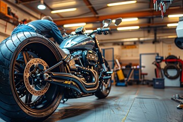 Skilled auto mechanic fine-tuning a high-performance motorcycle, captured in a state-of-the-art...